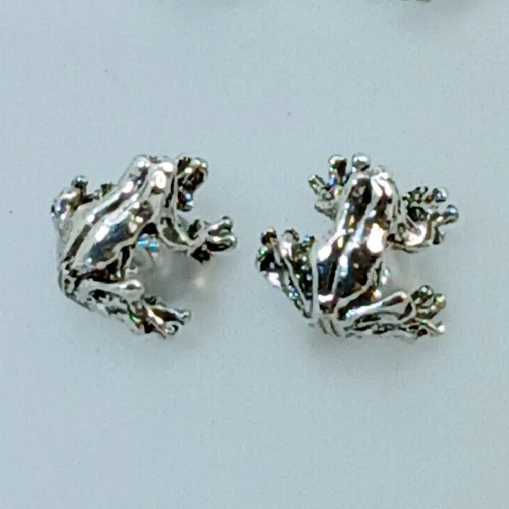 Vintage 90s Sterling Silver 925‎ Frog Stud Earrings Animal Nature Jewelry  - New